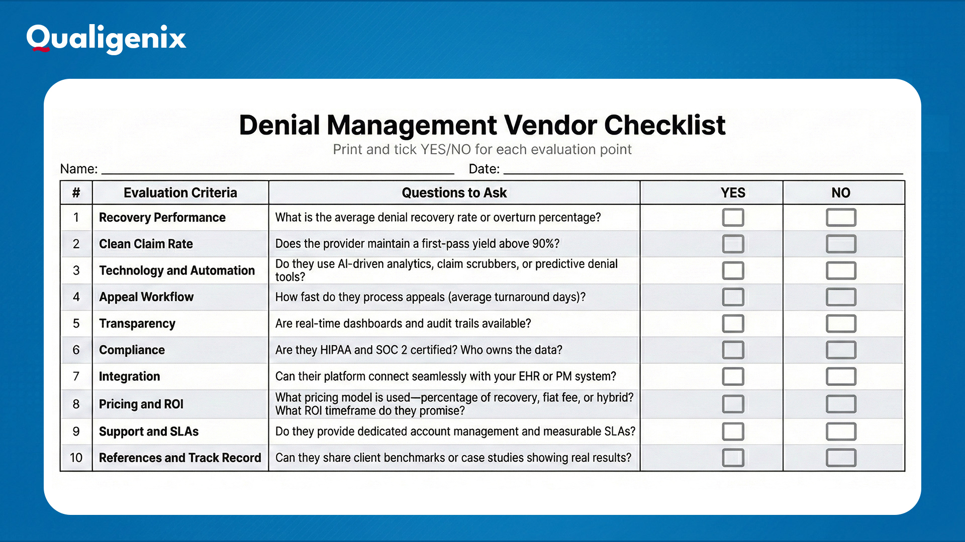 Quick Denial Management Vendor Evaluation Checklist